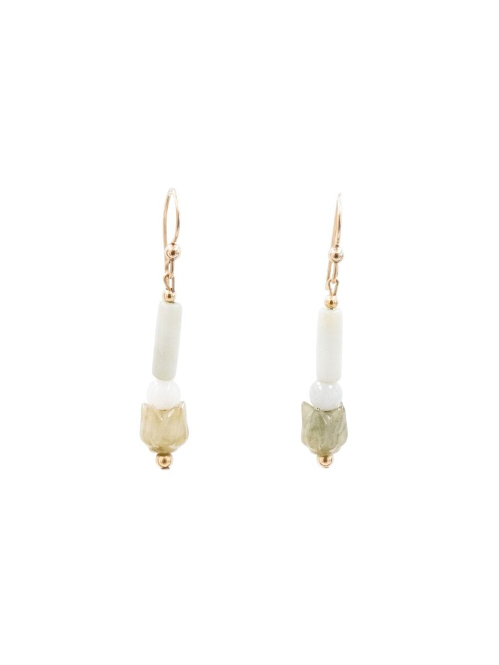 14K Gold Filled Jade Flower Dangle Earrings 1.75 Inch Drop